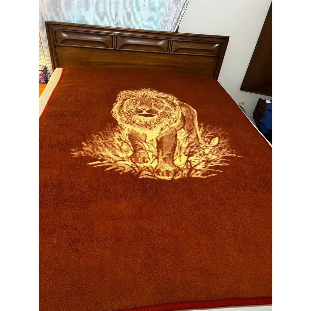 Vintage Lion Reversible Large Throw Blanket Made in Israel Rust Brown Cream RARE